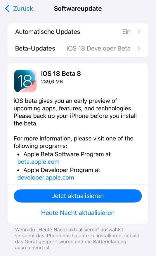 顺平苹果手机维修分享苹果 iOS / iPadOS 18 开发者预览版 Beta 8 发布 